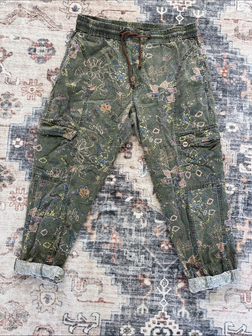 Anthropologie Olive Floral Cargo Jogger Pants